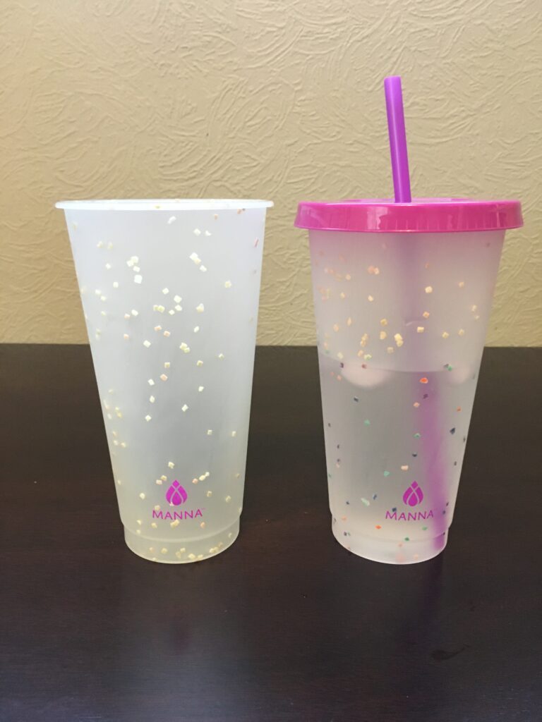 confetti cup with purple lid
