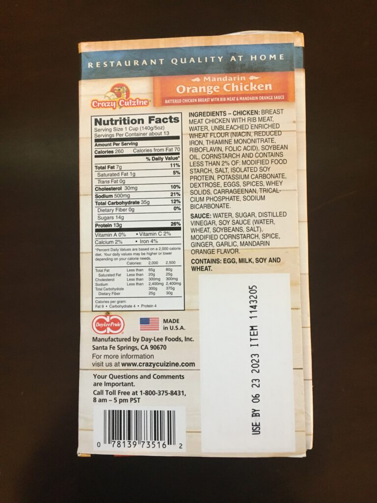 orange chicken nutrition label