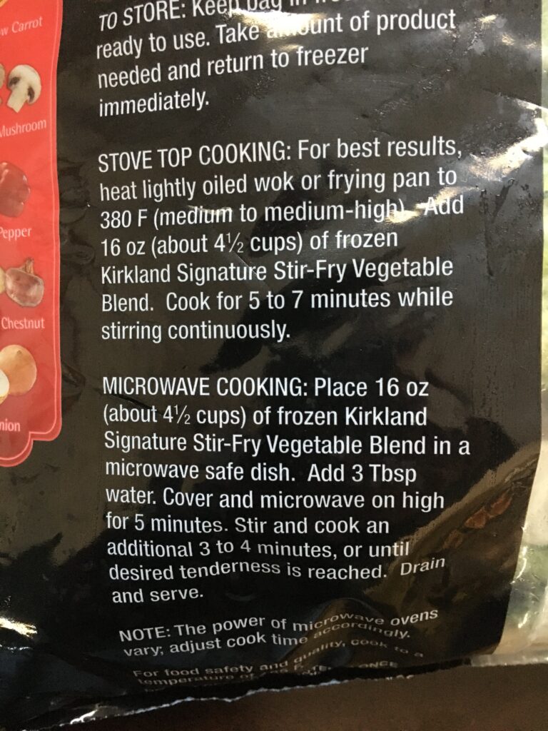 cooking instructions on bag