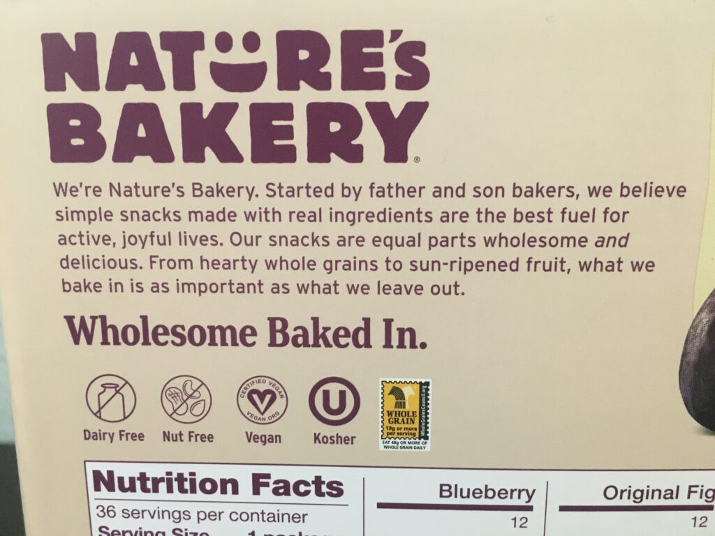 about nature's bakery on back of box