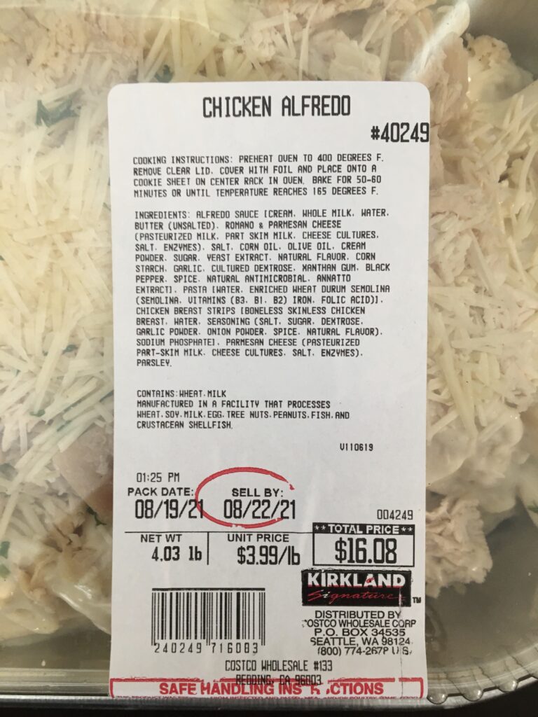 chicken alfredo bake label from costco