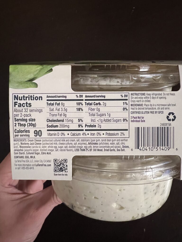 nutrition facts for jalapeño dip