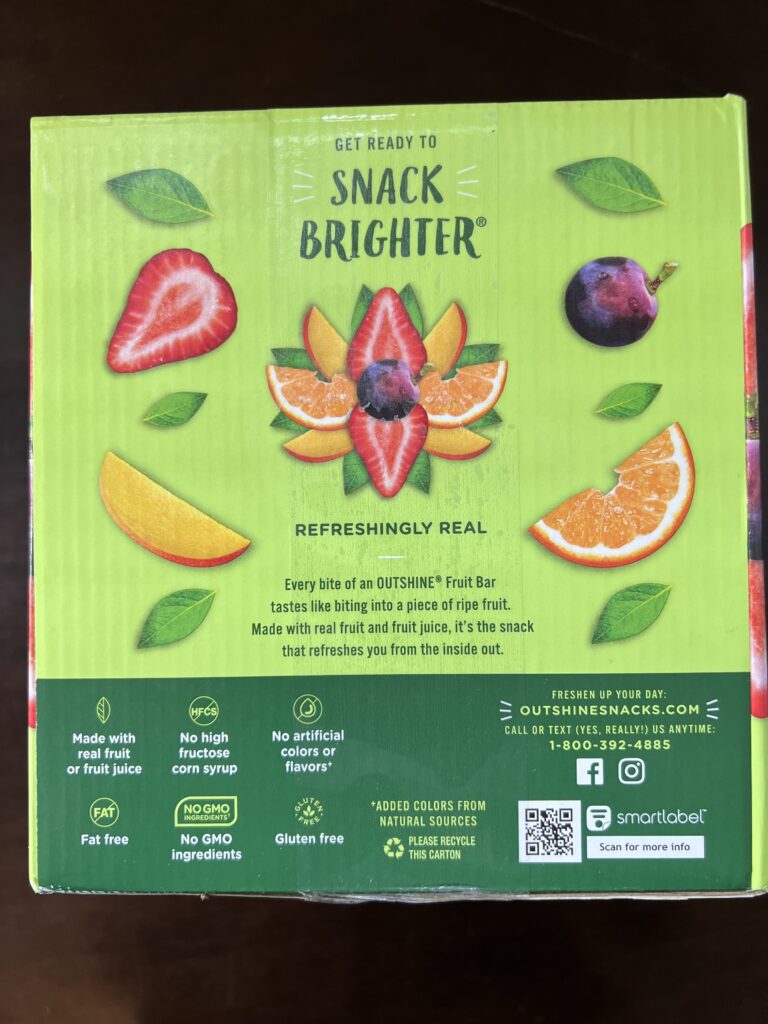 information on side of box about outshine fruit bars