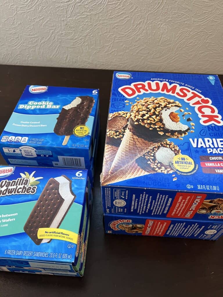 boxes of drumsticks, ice cream sandwiches, and cookie dipped bars
