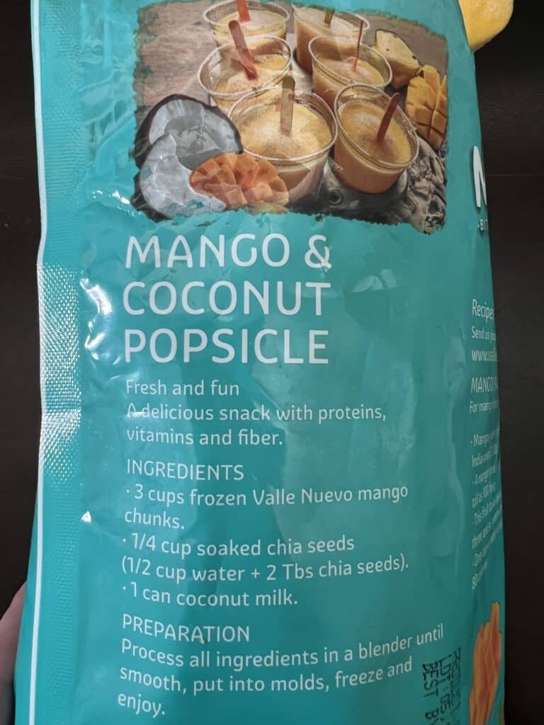 mango coconut popsicle recipe on bag