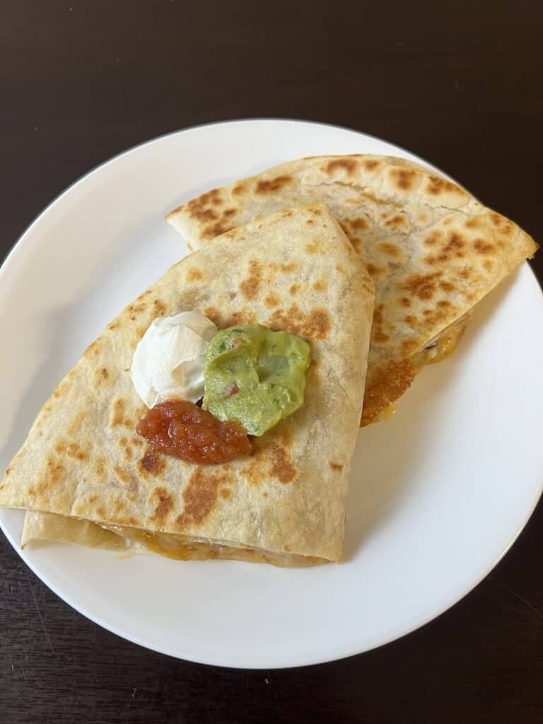 quesadillas with sour cream, guac, and salsa
