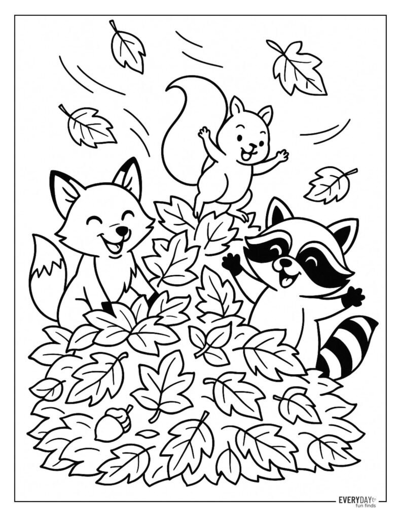 Animals in Fall Leaves Coloring Page