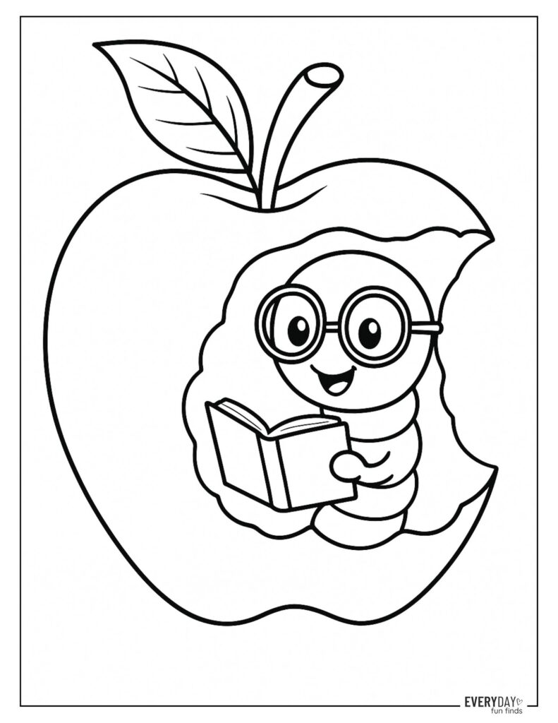 Bookworm Reading in Apple Coloring Page