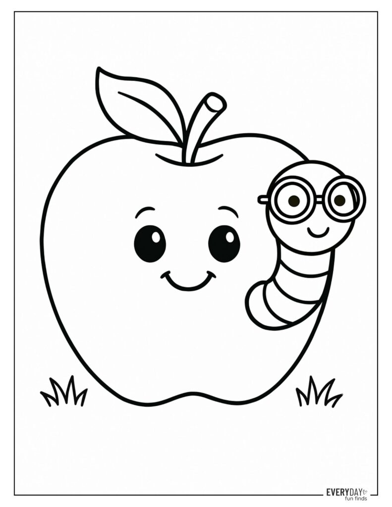 Coloring Page of Apple and Worm