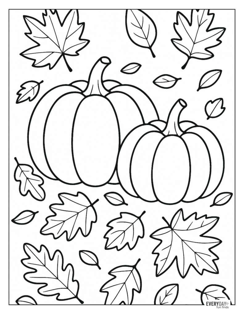 Coloring Page of Fall Leaves and Pumpkins