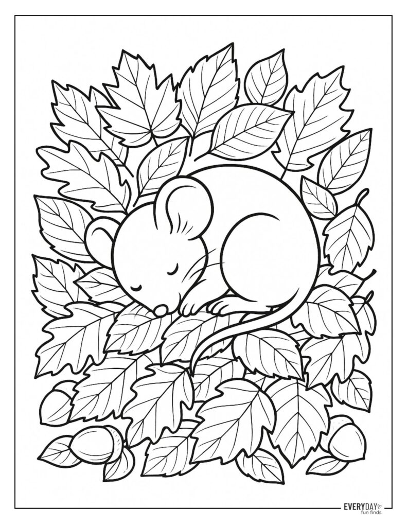 Coloring Page of Mouse in Pile of Leaves