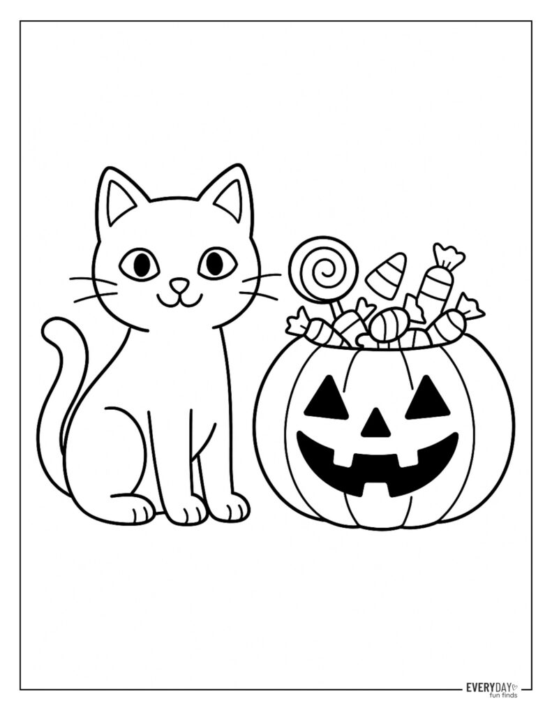 Halloween Cat and Jack-o'-Lantern Coloring Page
