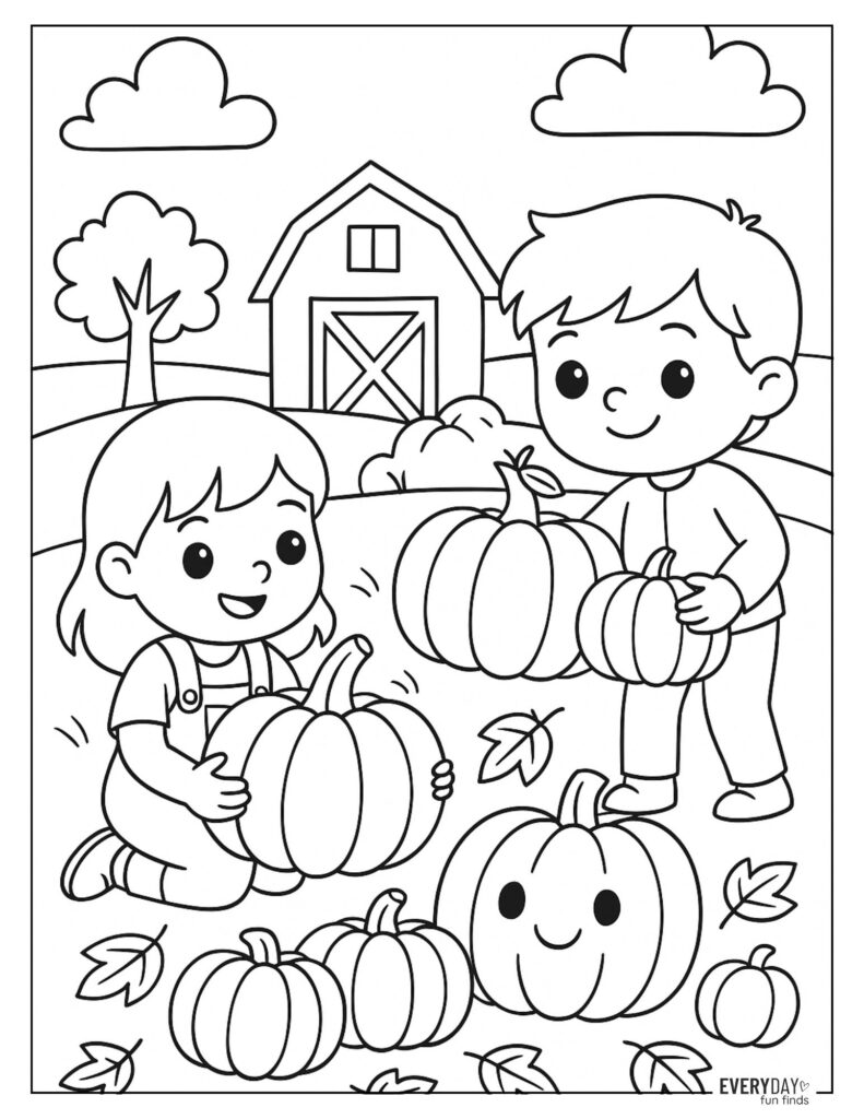 Kids Picking Pumpking Coloring Page