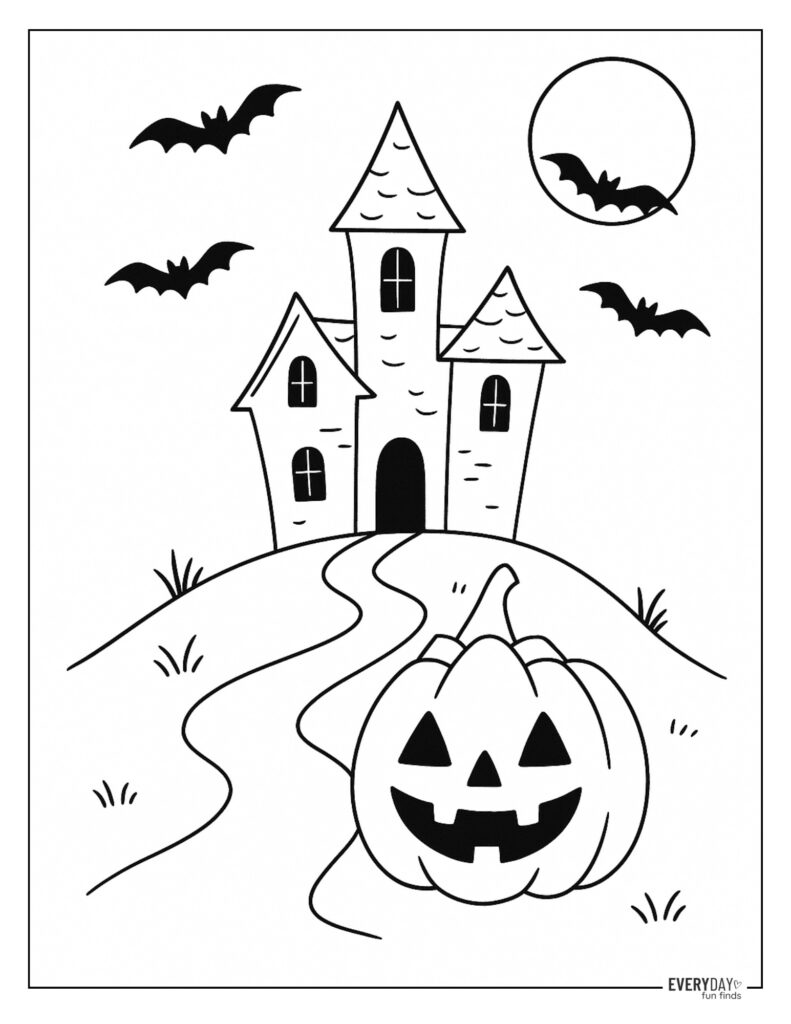 Pumpkin and Haunted House Coloring Page