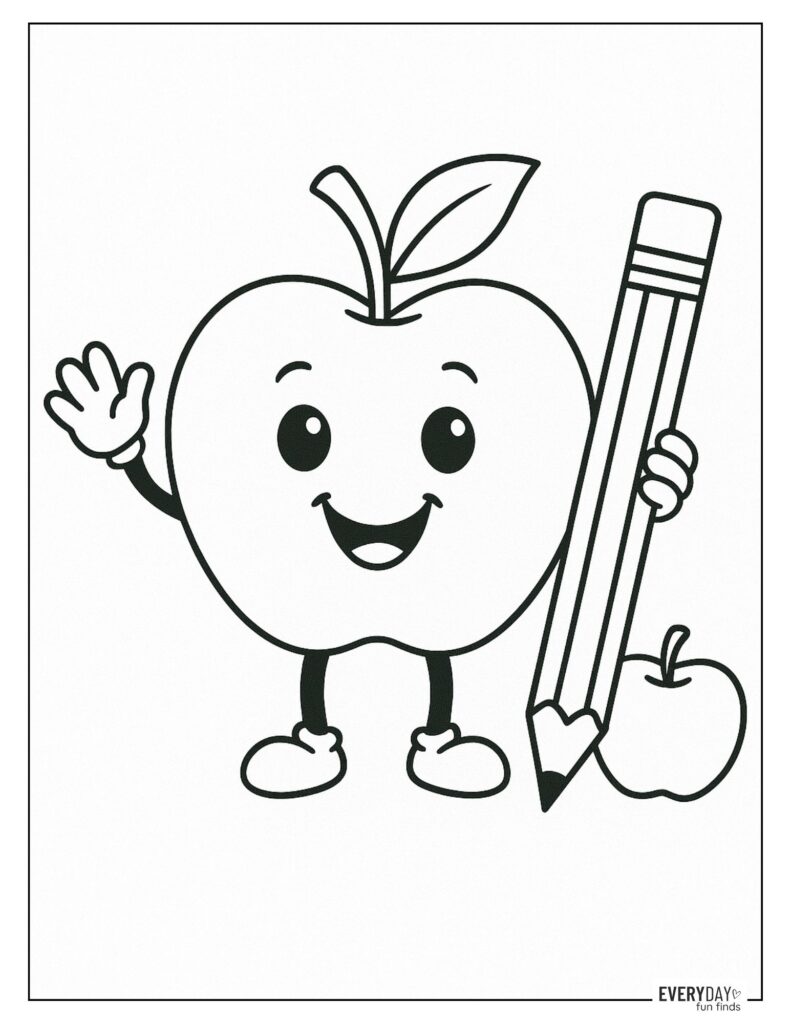 Smiling Apple With Pencil Coloring Page